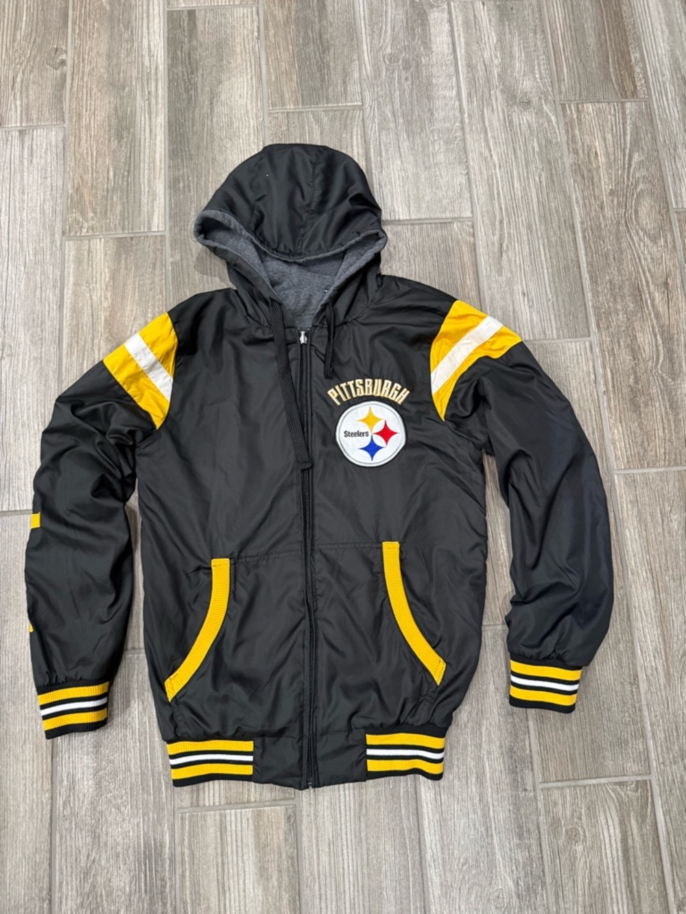 Pittsburgh Steelers Men's Small Charcoal Grey Full Zip Hooded reversible jacket